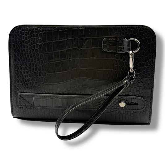 VELATRO PREMİUM Parmak İzi İle Açılan Hakiki Deri Kroko Desen Siyah Renk Kare Çanta