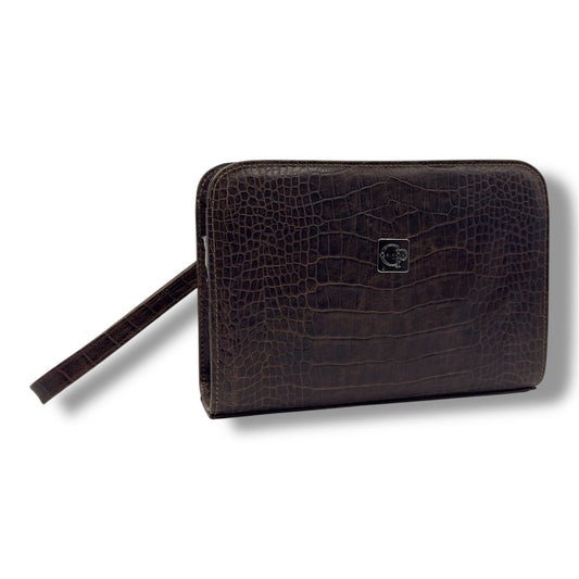 VELATRO PREMİUM Parmak İzi İle Açılan Hakiki Deri Kroko Desen kahve Rengi Kare Çanta