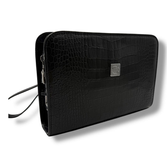 VELATRO PREMİUM Parmak İzi İle Açılan Hakiki Deri Kroko Desen Siyah Renk Kare Çanta