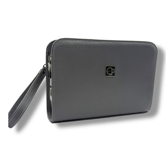 VELATRO Parmak İzi İle Açılan Hakiki Deri Gri Renk Kare Çanta