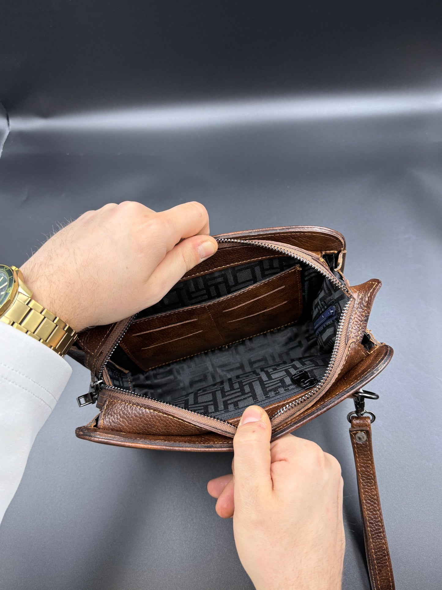 VELATRO Parmak İzi İle Açılan Hakiki Deri Karma Kahve Kare Çanta