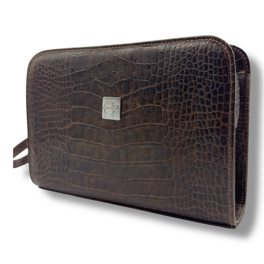 VELATRO PREMİUM Parmak İzi İle Açılan Hakiki Deri Kroko Desen kahve Rengi Kare Çanta