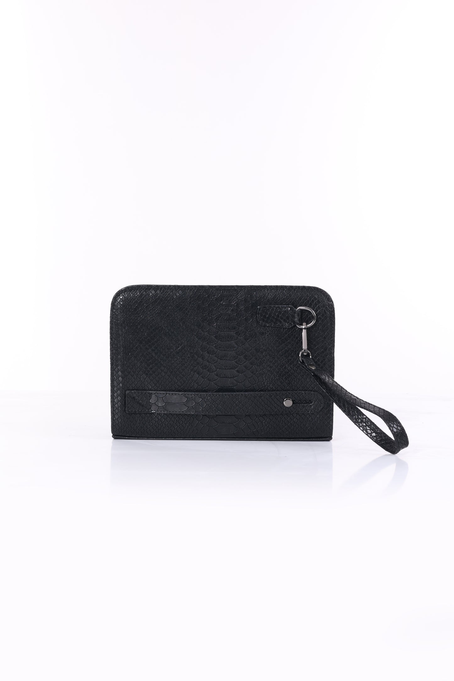 VELATRO PREMİUM Parmak İzi İle Açılan Hakiki Deri Mat Siyah Yılan Desen  Baskılı Kare El Çantası