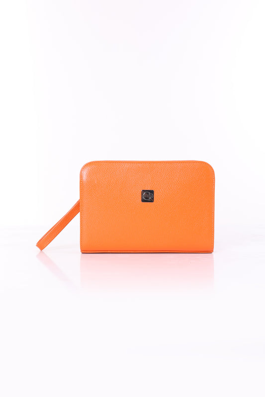 VELATRO Parmak İzi İle Açılan Hakiki Deri Turuncu Kare Çanta