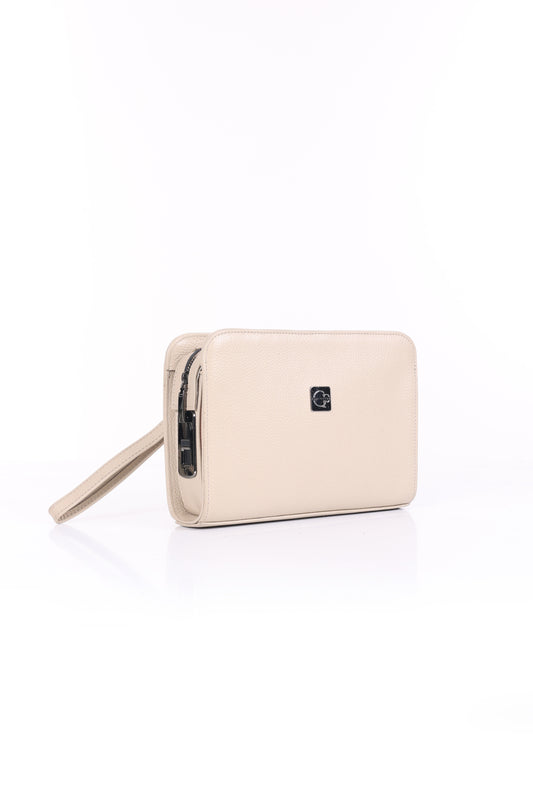 VELATRO Parmak İzi İle Açılan Hakiki Deri Krem Kare Çanta