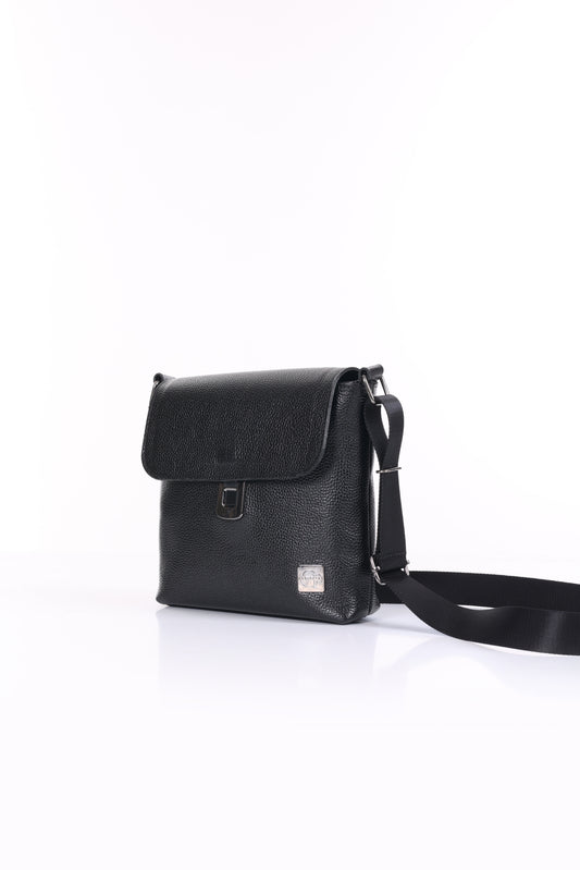 CAVERO Parmak İzi İle Açılan Hakiki Deri Siyah Askılı 3 Bölmeli Çanta