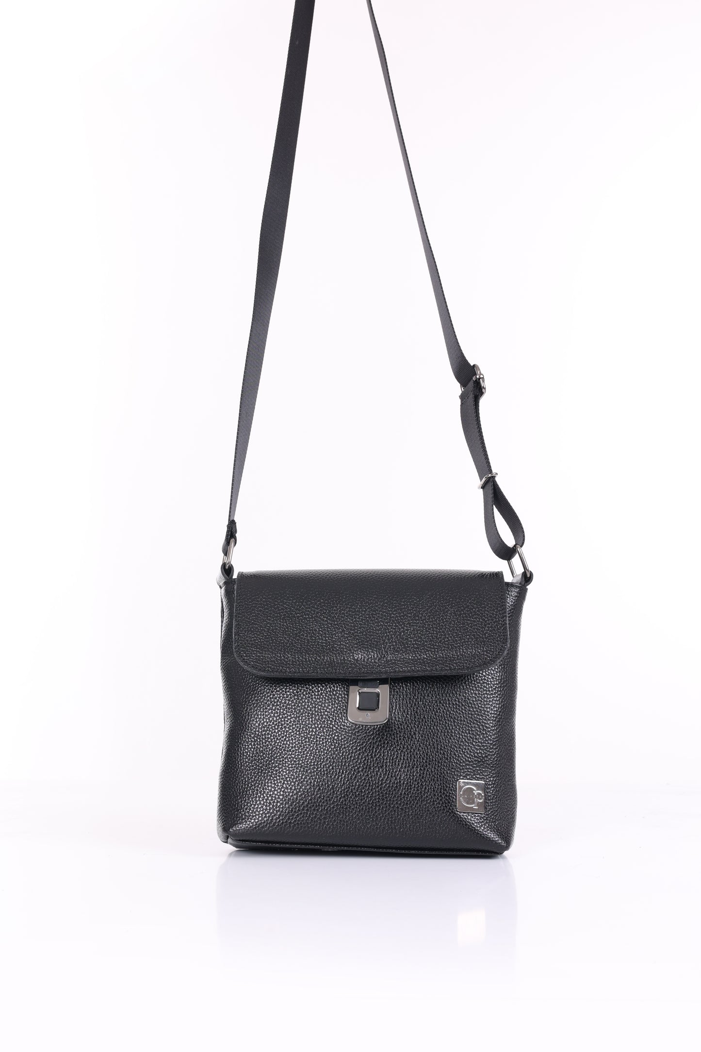 CAVERO Parmak İzi İle Açılan Hakiki Deri Siyah Askılı 3 Bölmeli Çanta