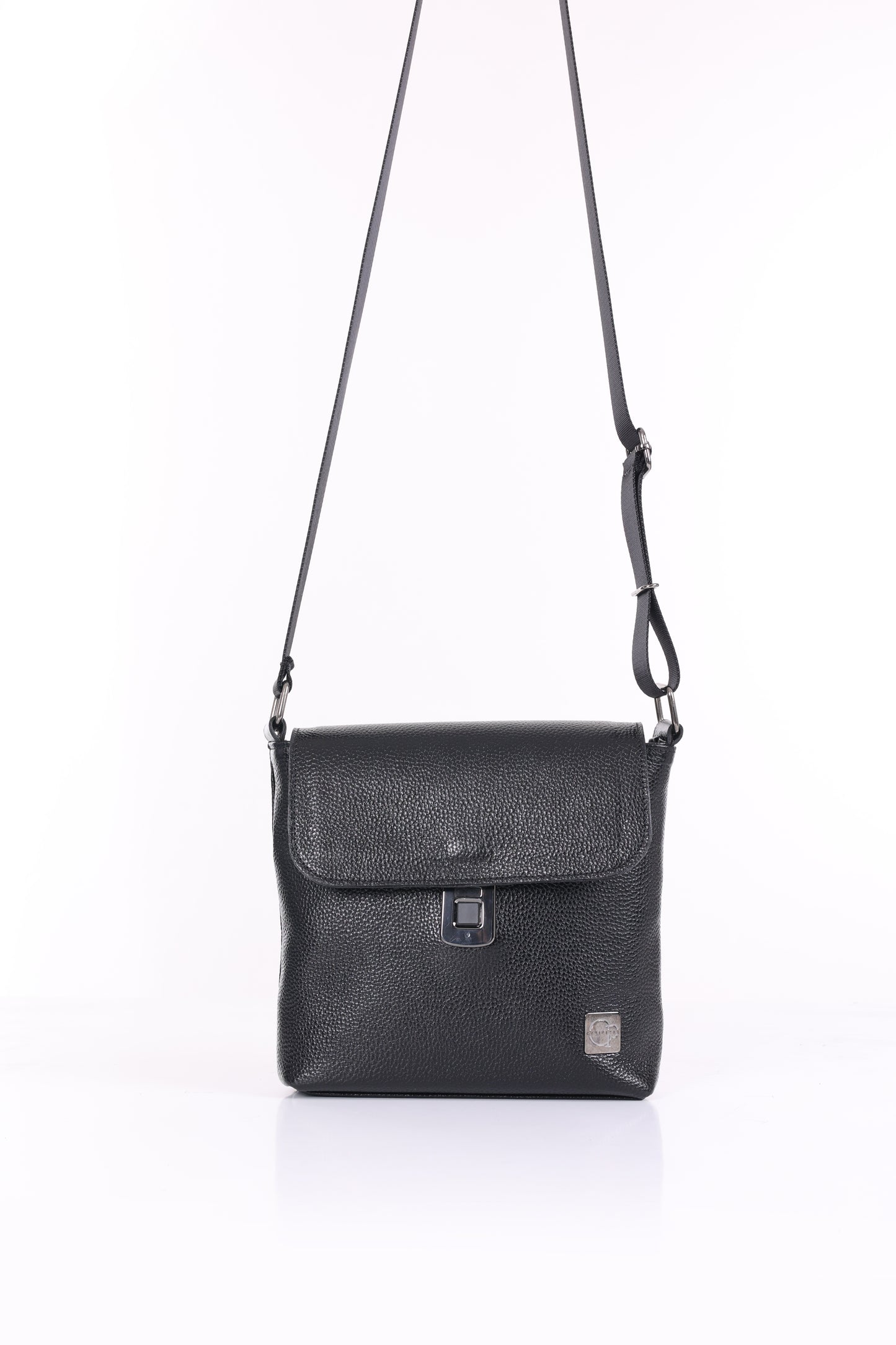 CAVERO Parmak İzi İle Açılan Hakiki Deri Siyah Askılı 3 Bölmeli Çanta