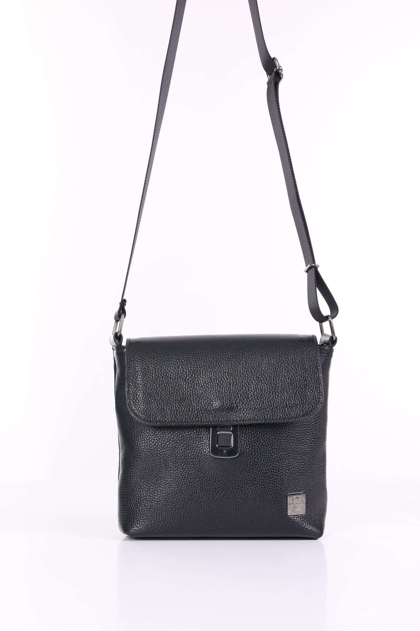 CAVERO Parmak İzi İle Açılan Hakiki Deri Siyah Askılı 3 Bölmeli Çanta