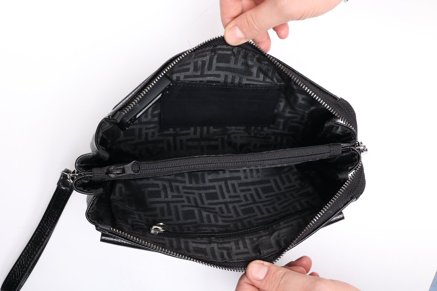 VELÜX Parmak İzi İle Açılan Hakiki Deri 5 Bölmeli Siyah Çanta